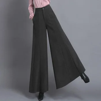 2022 Moda Kadın Yün Geniş Bacak Pantolon Kalın Kış Artı Boyutu Kat-Uzunluk Gevşek Siyah Iş Pantolon Bayanlar Ofis Giyim