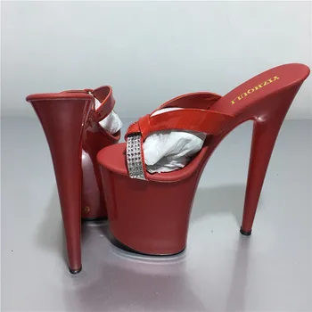 20 cm yüksek kadın ayakkabı ile kalın tabanlar, PU malzeme burnu açık seksi lake platformu çelik boru dans ayakkabıları