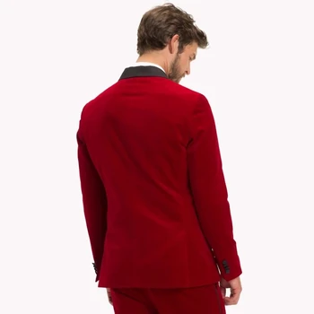 2021 Yeni Varış Erkek Takım Elbise Kırmızı Şal Yaka Kadife Takım Elbise Damat Sağdıç Gece elbisesi 3 Parça (Ceket+Pantolon+Yelek)Düğün