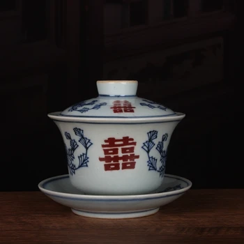 Çay Bardağı Geç Qing Hanedanı Halk Fırınlar Mavi Ve Beyaz Sıraltı Kırmızı Xi Karakter Kaplı Kase Antika Seramik Koleksiyonu