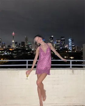 Seksi Tank Elbise Kadınlar ıçin Payetli Parlak Glitter Backless Fırfır yarık Sonbahar Bahar Parti Akşam Kulübü Elbiseler Vestido Feminino