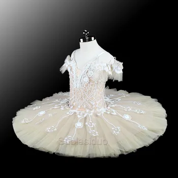 Yetişkin Bej Krem Profesyonel Bale Tutu Kız Performans Tutu Kabarık Çiçek Peri Bebek Klasik Bale Sahne Kostüm SD0072