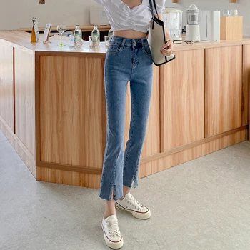 Trendy Yeni Yaz Kadın Vintage Skinny Yüksek Bel Ayak Bileği uzunlukta Kot Rahat Kadın Elastik Bölünmüş Ins Bayanlar Denim Pantolon