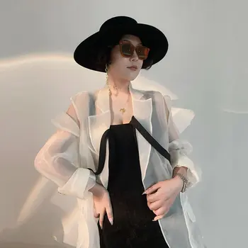 XITAO Ince şeffaf ağ Blazer Moda Hollow Out Ekleme Uzun Kollu Yeni Sokak Trendy Tüm Maç Kadın pardösü GWJ3249