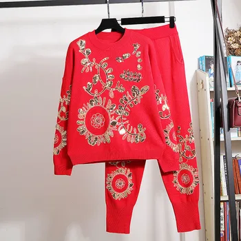 Kırmızı Siyah Beyaz Örme Eşofman Set Kadın Sonbahar Moda Sequins Çiçekler Kazak Kalem Pantolon Kıyafetler Kadın Gevşek Örgü Takım Elbise