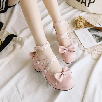 Sevimli Kız Yuvarlak Kafa Orta Topuk Loli Moda Harajuku Kawaii Ayakkabı Lolita kadın ayakkabısı Yay Düğüm Japon Lolita Ayakkabı