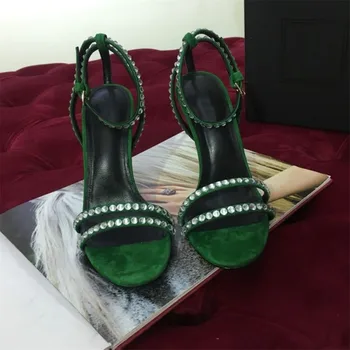 En Kaliteli Ayak Bileği Kayışı Topuklu Kadın Sandalet Yaz Ayakkabı Peep Toe Kristal Ince Yüksek Topuklu Parti Elbise Sandalet Yeşil Artı Boyutu 42