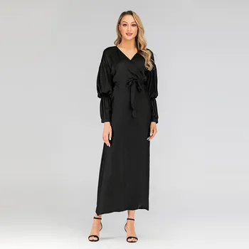 Abaya Dubai 2021 Uzun Elbiseler Moda Marka Düz Renk Kemer Giyim Kadın Uzun Müslüman Elbise Kimono Femme Musulmane Cm167