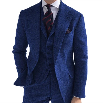 Sonbahar Ve Kış 3 Adet Erkek Takım Elbise Iş Retro Klasik Damat Tüvit Yün Smokin Düğün Erkek Takım Elbise (Blazer + Pantolon + Yelek)