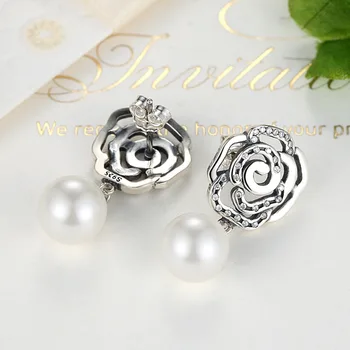 L & P Moda Gerçek 925 Ayar Gümüş Damla Küpe Lady Elegance İçin Gül Çiçek İnci Gümüş Küpe Parti Takı