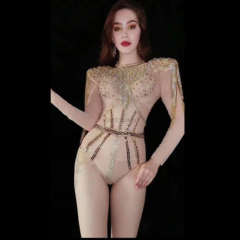 2020 Sparkly Altın Saçaklar Boncuk Bodysuit Dans Kıyafeti Akşam Sahne Seksi Mesh Rhinestones Kostüm Doğum Günü Bar Kadın Leotard