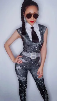 2020 Yeni Köpüklü Kristaller Kadınlar Seksi Tulum 3D Baskılı Gece Kulübü Parti Sahne Giyim Kostüm Şarkıcı Dansçı Giyim Bodysuit