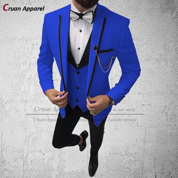 20 Renkler Moda Tasarımları Koyu Mavi Düğün Erkekler Suit Set Groomsmen Damat Suit Smokin Örgün Parti Bej Blazer Yelek Pantolon 3 Adet