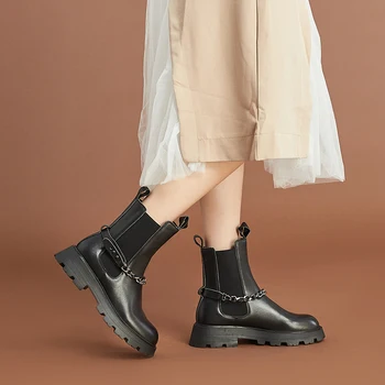 KANGNAİ Chelsea Çizmeler Kadın Ayakkabı Deri Platformu Metal Zincir Kış Moda Bayanlar Modern Ayak Bileği Çizmeler