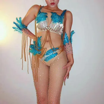 Mavi Tüyler Rhinestones Bikini Setleri Süslenmiş Boncuklu Kostüm Kişilik Performans Kostüm Bayanlar Gece Kulübü Dans Giyim