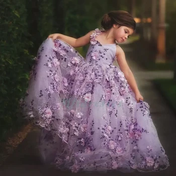 Moda Mor Prenses Çiçek Kız Elbise Aline Doğum Günü Pageant Communion Robe De Demoiselle Düğün