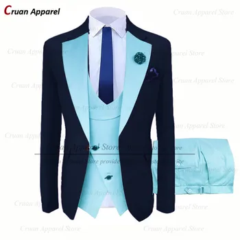 20 Renkler Koyu Lacivert Erkek Takım Elbise Düğün ıçin Ince Sağdıç Damat Smokin Seti Tailor-made Şık Blazer Mavi Yelek Pantolon 3 Adet