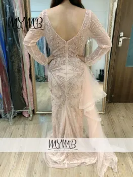 2021 Yeni Koleksiyon Tasarımcı Artı Boyutu Düğün Anne Elbise Pembe Couture Kristal Boncuk Uzun Kollu Abiye MY81105