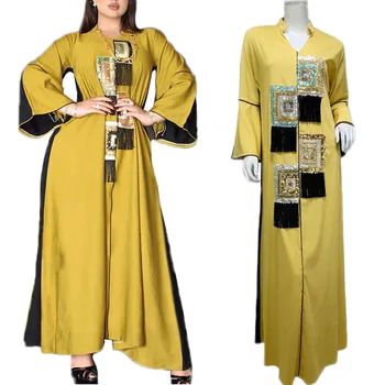 Artı Boyutu Gevşek Rahat Elbise Arapça Abaya İslam Giyim Türkiye Orta Doğu Püskül Sequins Ramazan Dubai Kaftan Maxi Robe elbise